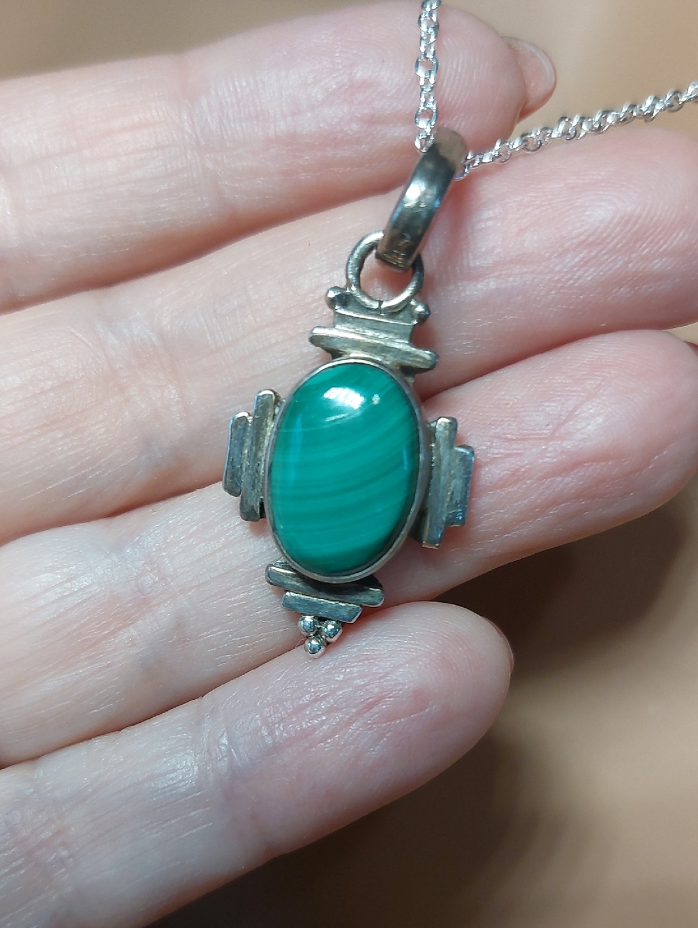 Sterling Silver 925 Genuine Green Malachite Pendant 18" Necklace